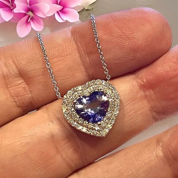Natural Heart Sapphire Diamond Pendant 18" 14k W Gold 4.13 TCW Certified 310656 - Picture 5 of 17